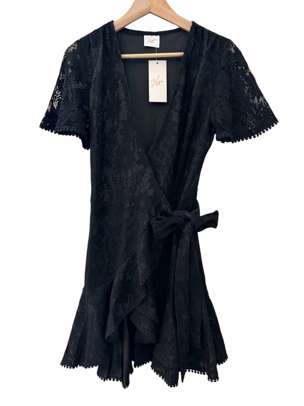 GLM Black Floral Lace Mesh Wrap Dress Sz M V Neck Flutter Slv Mini Pom Pom Trim